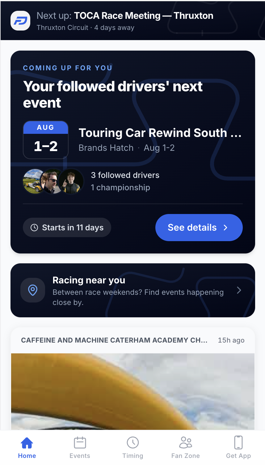 FanDrive fan app showing a personalized race weekend feed